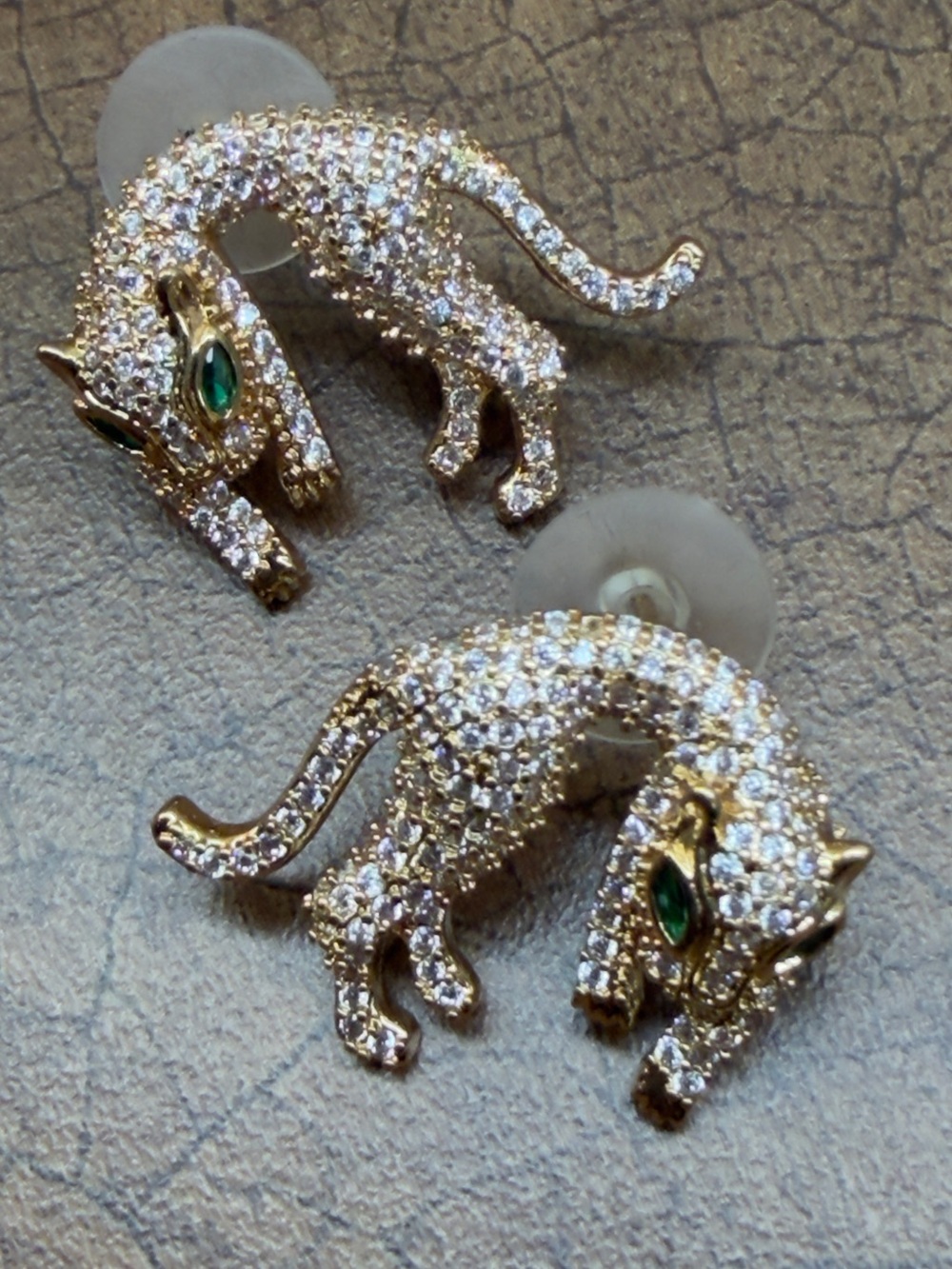 Gold Crystal Panther Drop Earrings with Green Eyes